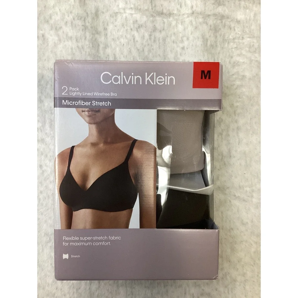 Calvin‎ Klein 2 Pack Lightly Lined Wirefree Bra Microfiber Stretch Black Fresh M